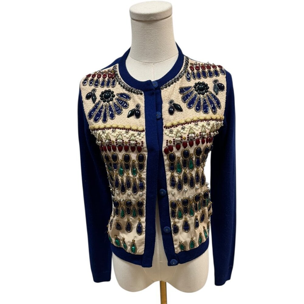 Alice + Olivia Embellished Jewel Cardigan Sweater Blue Cream Size XS - EUC